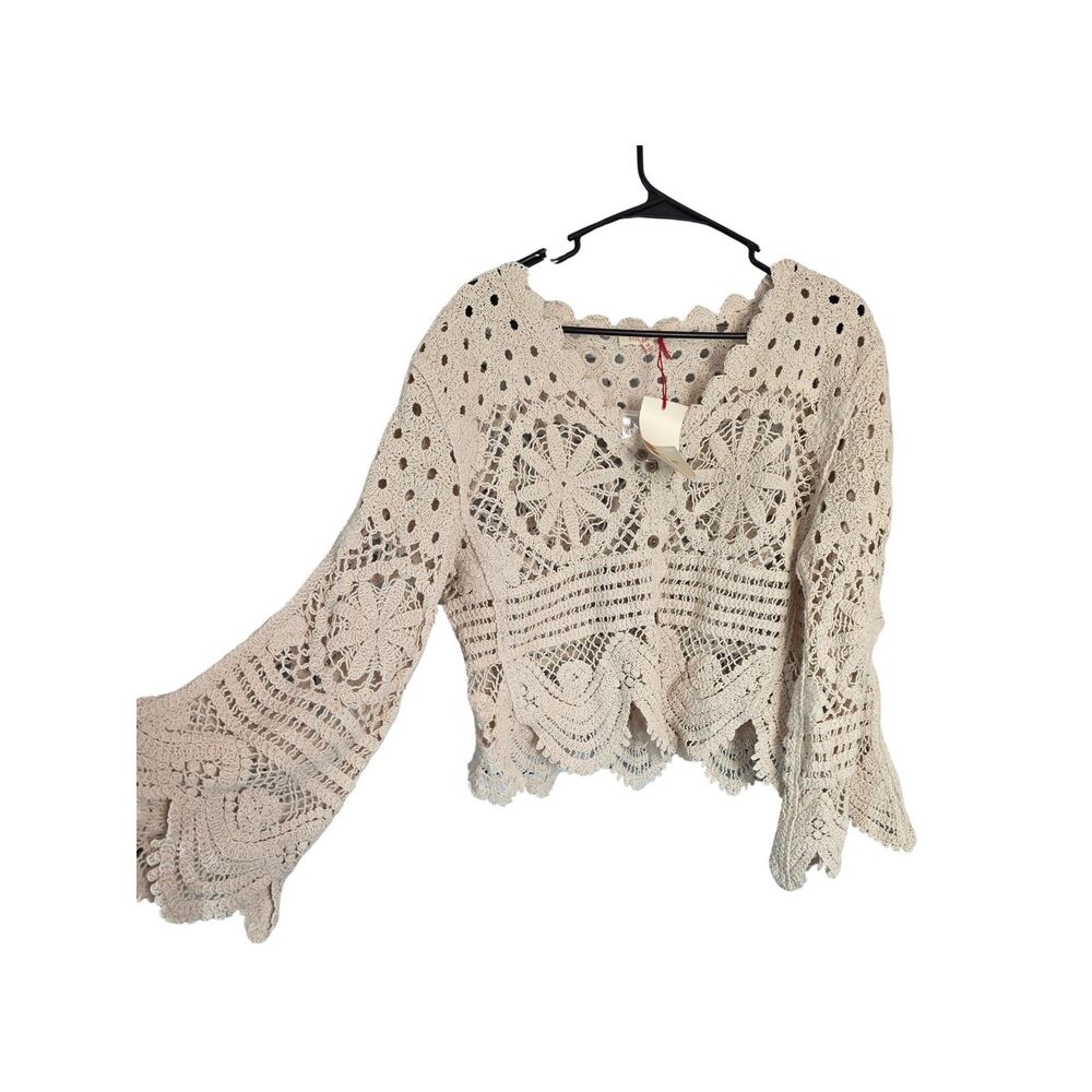 Solitaire NWT Crochet Lace Bell Sleeve Cardigan Top Cream Boho M